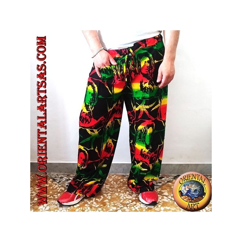 Long trousers with "Bob Marley" pocket and multicolor rayon marijuana leaf