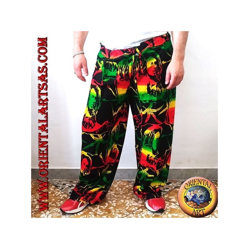 Pantalón largo con bolsillo "Bob Marley" y hoja de marihuana rayón multicolor