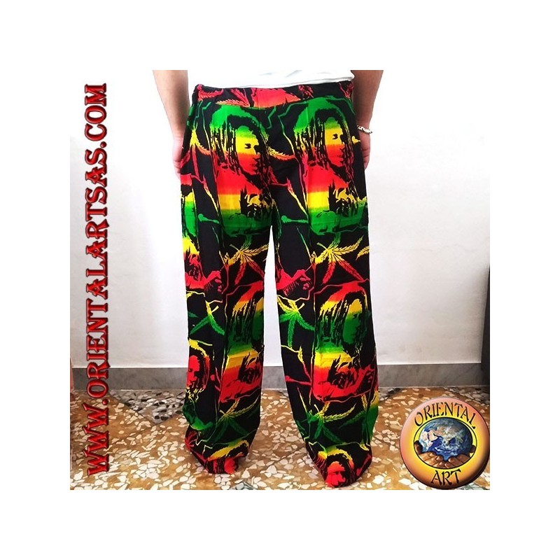 Pantaloni lunghi con taschino "Bob Marley" e foglia di marijuana multicolor in rayon