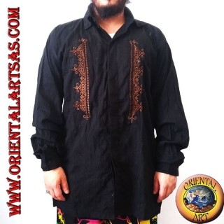 Camisa kaftan de manga larga con cuello y bordado frontal (XL)