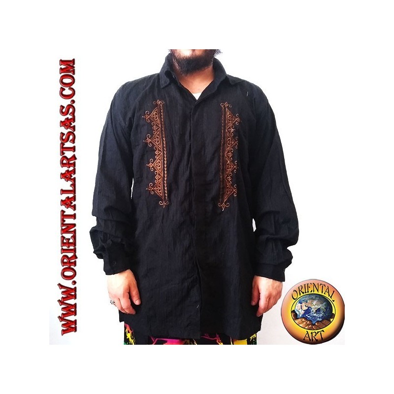 Camicia caftano a maniche lunghe con colletto e ricamo frontale (XL)
