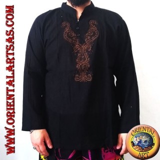 Maglia caftano a maniche lunghe con scollo a V e 3 bottoni e ricamo frontale (M)