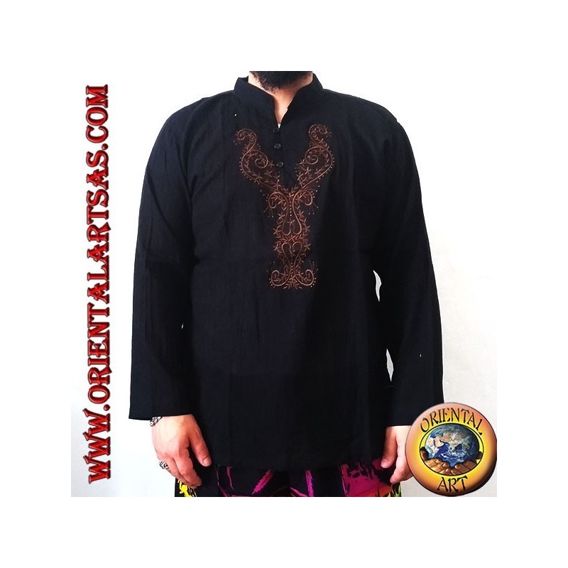 Camisa kaftan de manga larga con cuello en V y 3 botones y bordado frontal (M)