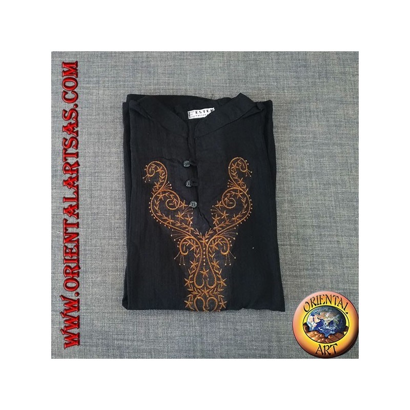 Camisa kaftan de manga larga con cuello en V y 3 botones y bordado frontal (M)