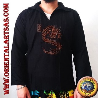 Maglia caftano a maniche lunghe con ricamo del drago giapponese e scollo a V con colletto (M)