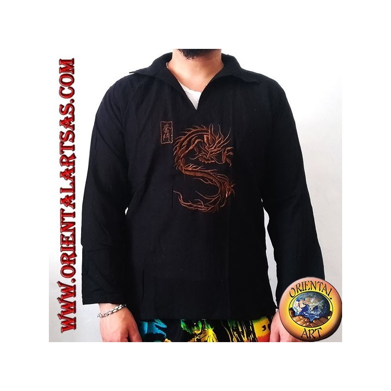 Langärmliges Kaftanhemd mit japanischer Drachenstickerei und V-Ausschnitt mit Kragen (M)