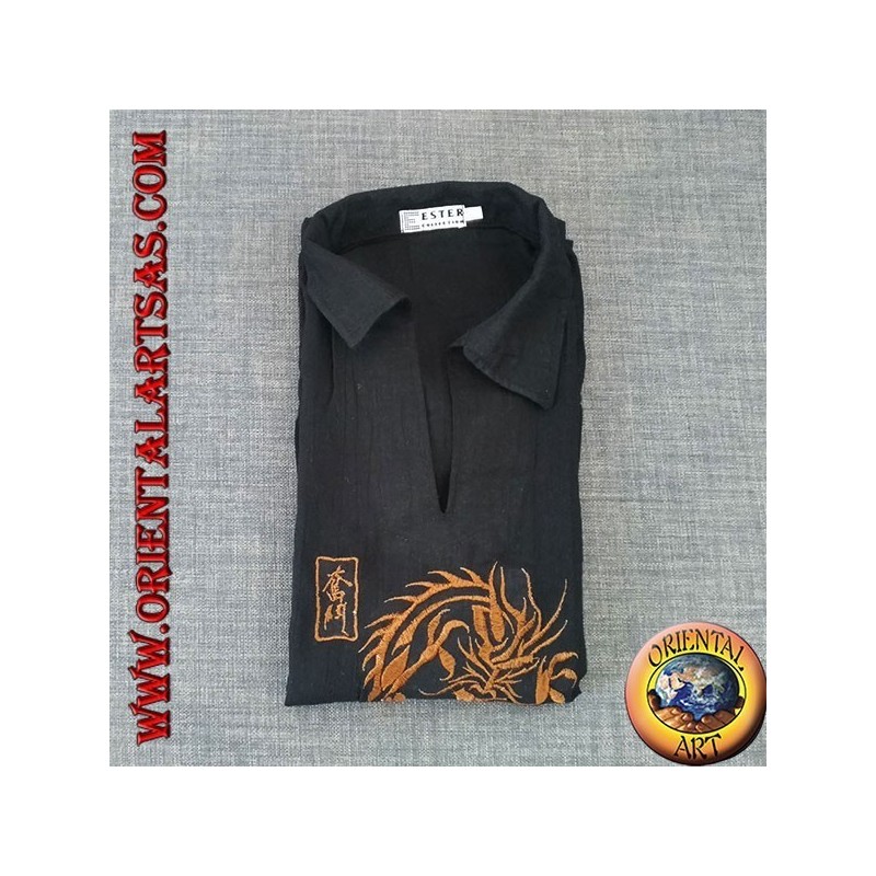 Long-sleeved kaftan shirt with Japanese dragon embroidery and V-neck with collar (M)