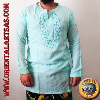 Maglia caftano a maniche lunghe con ricamo e scollo a V con colletto coreano celeste (M)