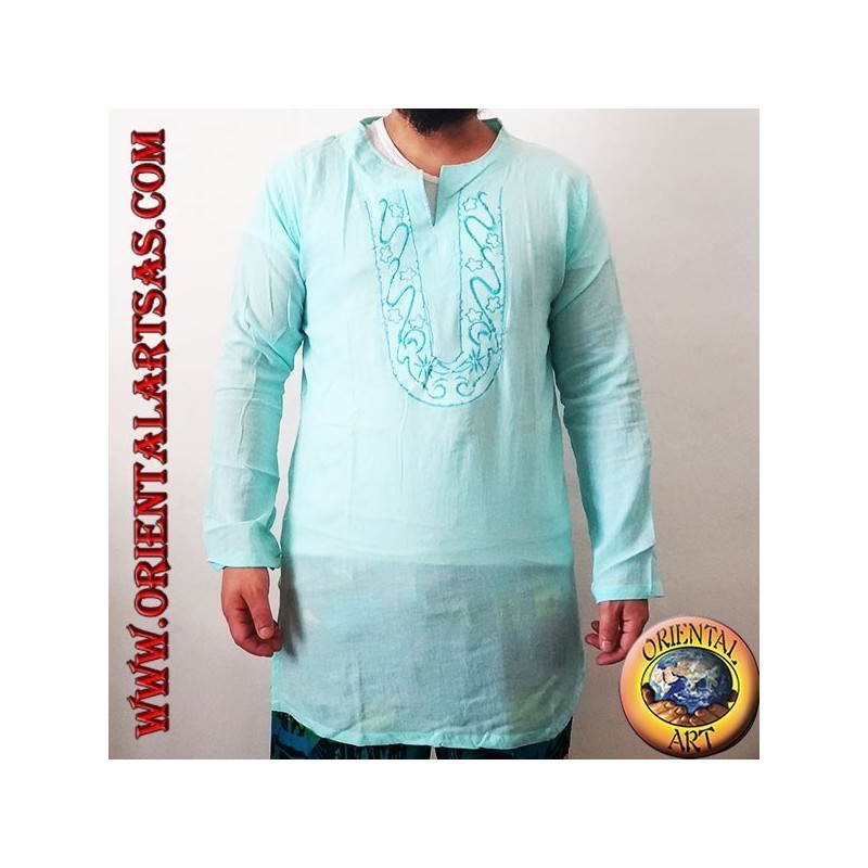 Maglia caftano a maniche lunghe con ricamo e scollo a V con colletto coreano celeste (M)