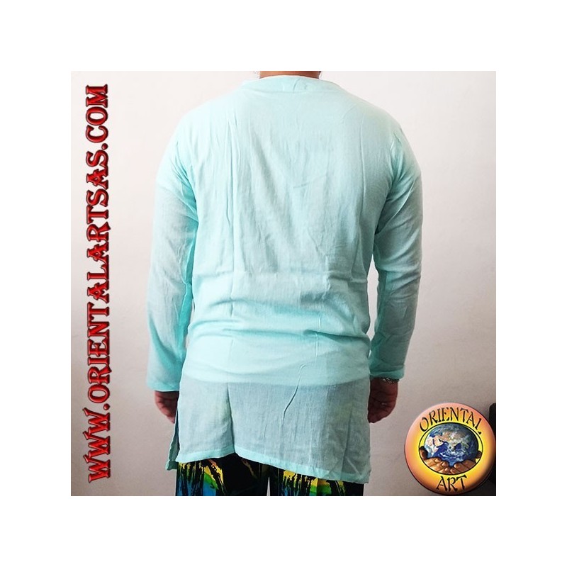 Long-sleeved kaftan shirt with embroidery and V-neck with Korean light blue collar (M)