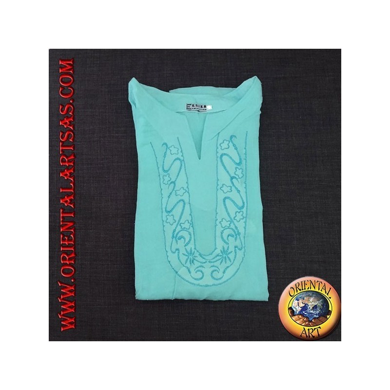 Long-sleeved kaftan shirt with embroidery and V-neck with Korean light blue collar (M)
