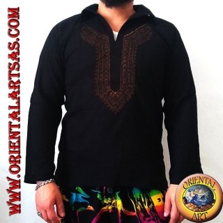 Chemise caftan à manches longues avec broderie et col en V avec col (L)