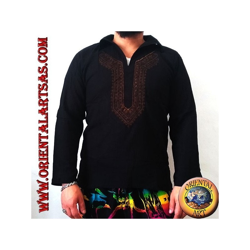 Maglia caftano a maniche lunghe con ricamo e scollo a V con colletto (L)