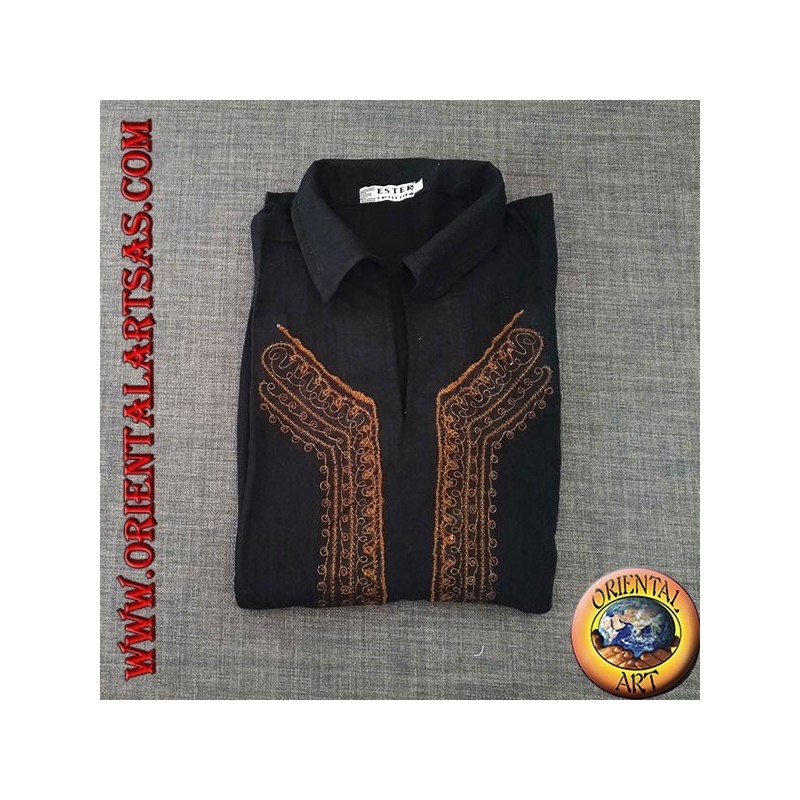 Camisa kaftan de manga larga con bordado y cuello en V con cuello (L)