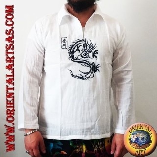 Maglia caftano a maniche lunghe con ricamo del drago giapponese e scollo a V con colletto (L)