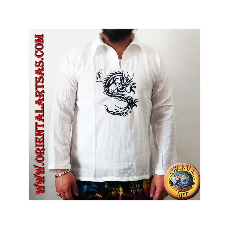 Chemise kaftan à manches longues avec broderie dragon japonais et col en V avec col (L)