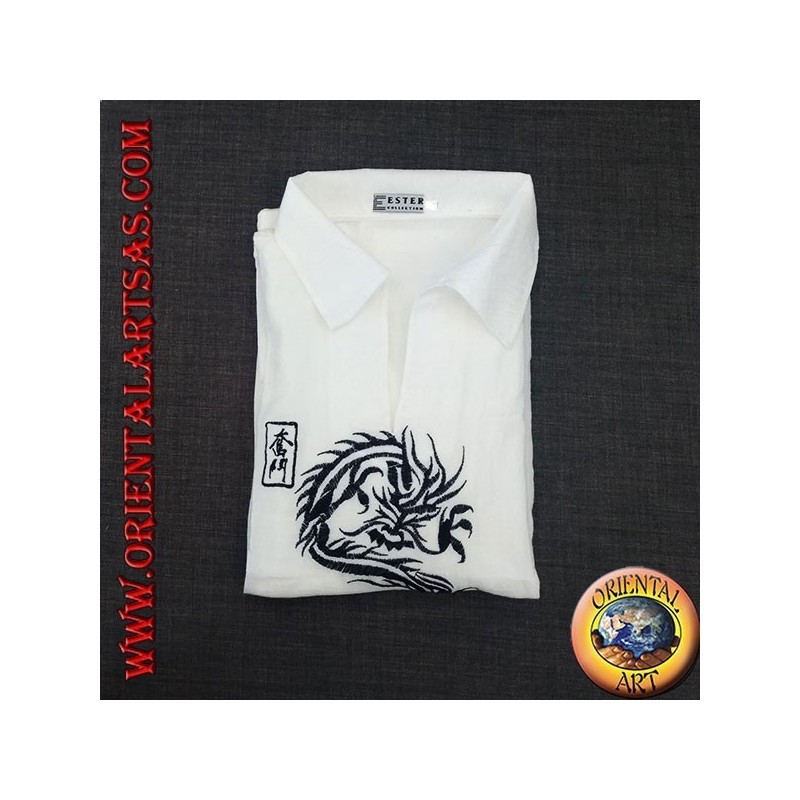 Long-sleeved kaftan shirt with Japanese dragon embroidery and V-neck with collar (L)