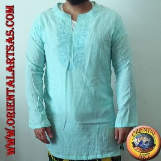 Long-sleeved kaftan shirt with embroidery and V-neck with Korean light blue collar (L)