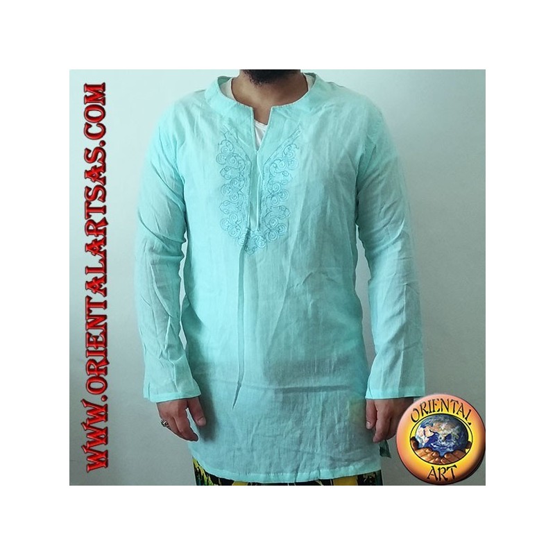 Long-sleeved kaftan shirt with embroidery and V-neck with Korean light blue collar (L)