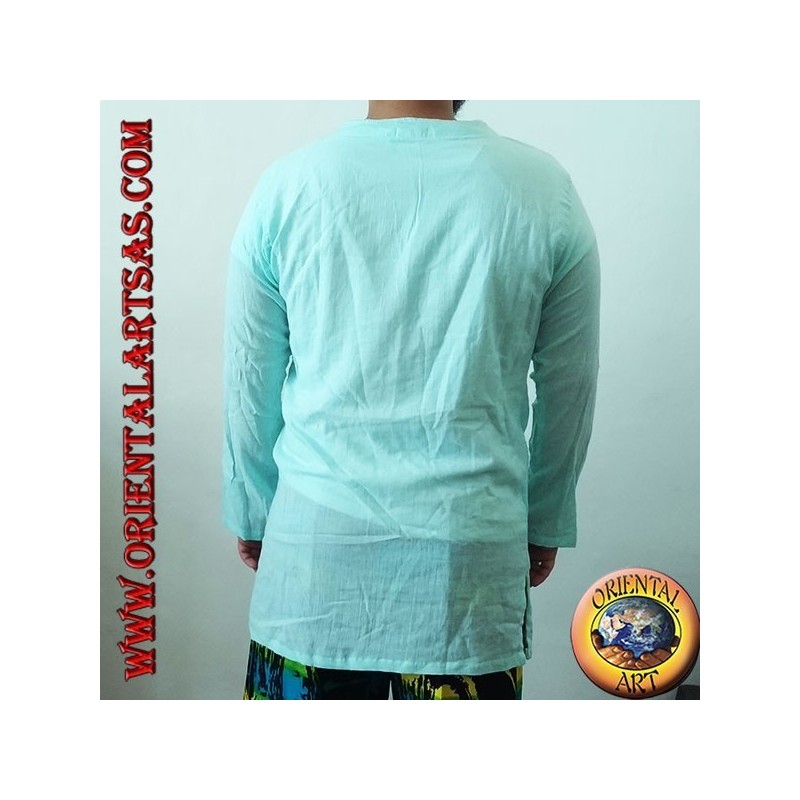 Maglia caftano a maniche lunghe con ricamo e scollo a V con colletto coreano celeste (L)