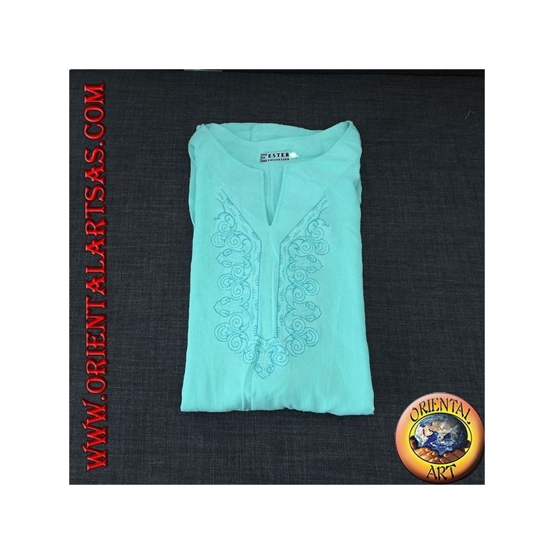 Chemise kaftan à manches longues avec broderie et col en V avec col bleu clair coréen (L)