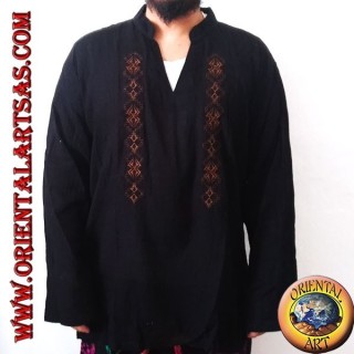 Long-sleeved kaftan shirt with embroidery and V-neck with Korean collar (XL)