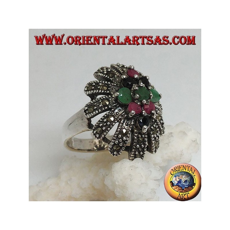 Silver ring with rhombus of emeralds, rubies and natural sapphires in a sun rounded with marcasites