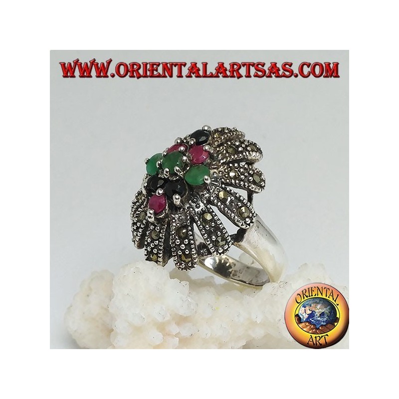 Silver ring with rhombus of emeralds, rubies and natural sapphires in a sun rounded with marcasites