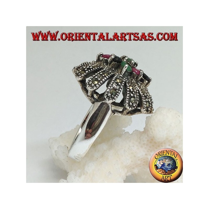 Silver ring with rhombus of emeralds, rubies and natural sapphires in a sun rounded with marcasites