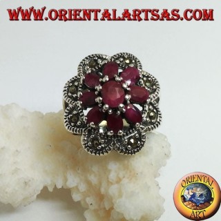 Silver ring with octagonal flower of natural oval rubies set and 8 semicircles of marcasite
