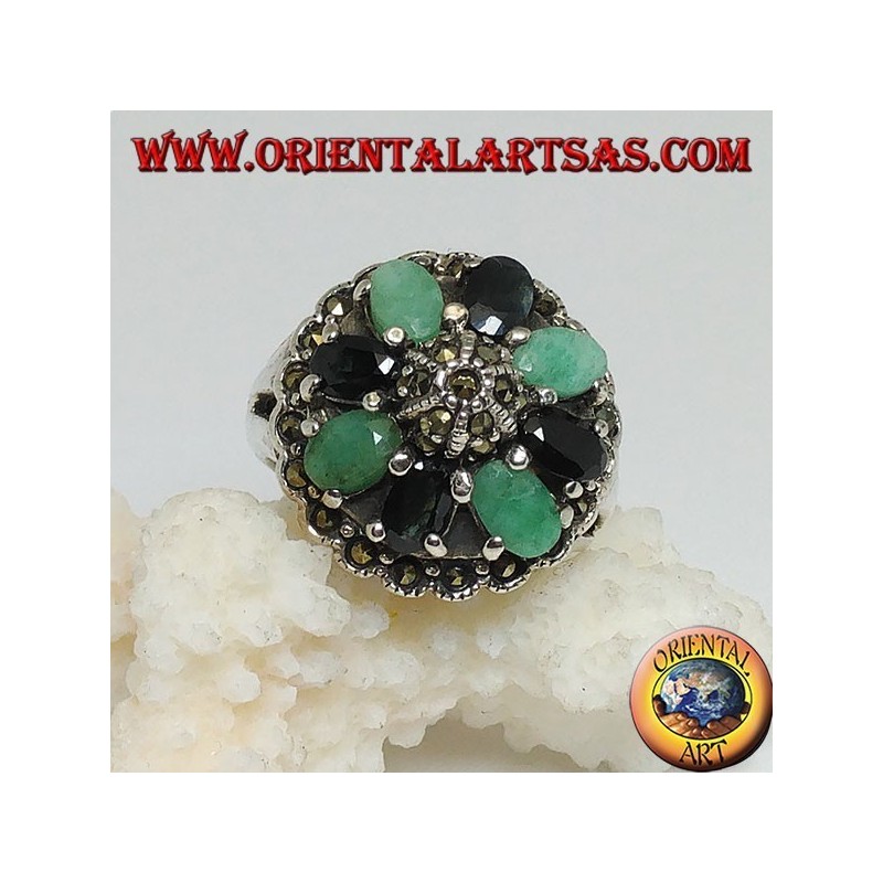 Silver ring with hemisphere surrounded by a circle of emeralds and oval natural sapphires set and marcasite