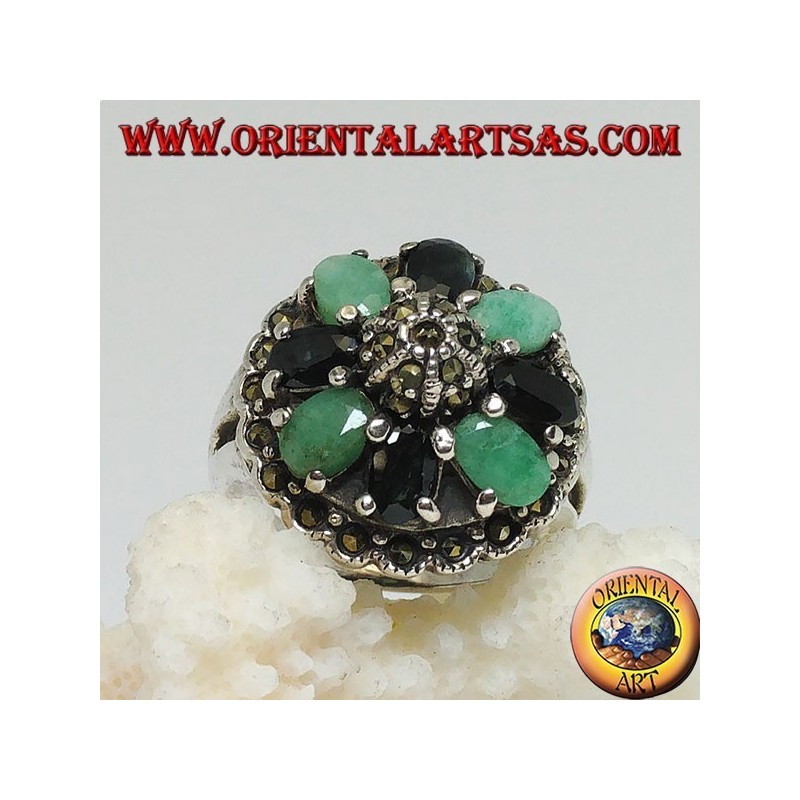Silver ring with hemisphere surrounded by a circle of emeralds and oval natural sapphires set and marcasite