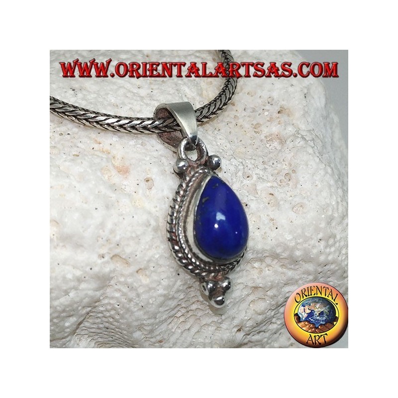 Silver pendant with a lapis lazuli drop cabochon surrounded by intertwining and three balls below