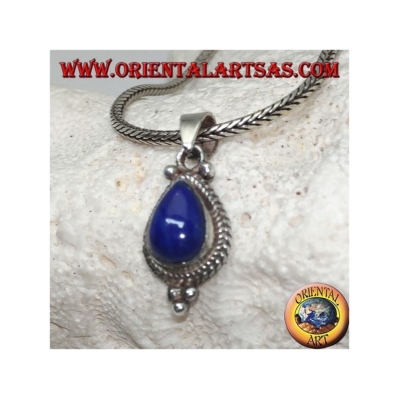 Silver pendant with a lapis lazuli drop cabochon surrounded by intertwining and three balls below