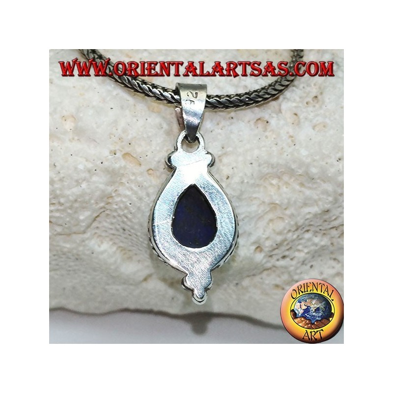 Ciondolo in argento con lapislazzulo cabochon a goccia contornato da intreccio e tre palline sotto