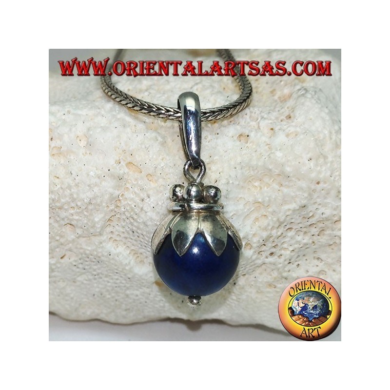 Pendentif en argent avec sphère de lapis-lazuli aux fruits et feuilles