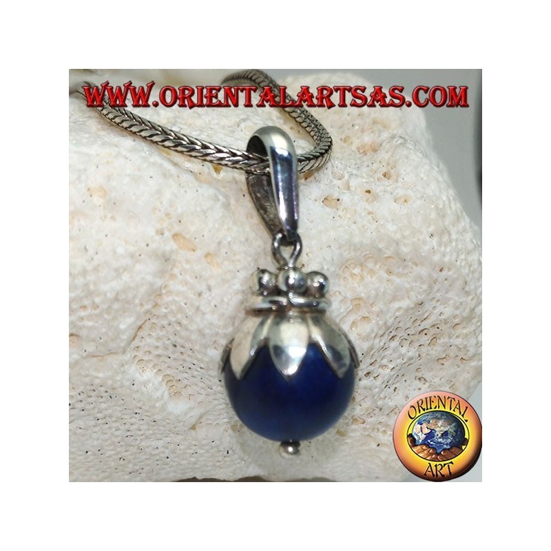 Silver pendant with fruit lapis lazuli sphere and leaves