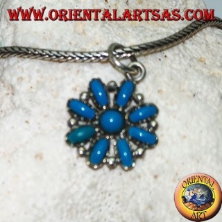 Pendentif fleur octogonal en argent avec turquoise ovale et rond au centre