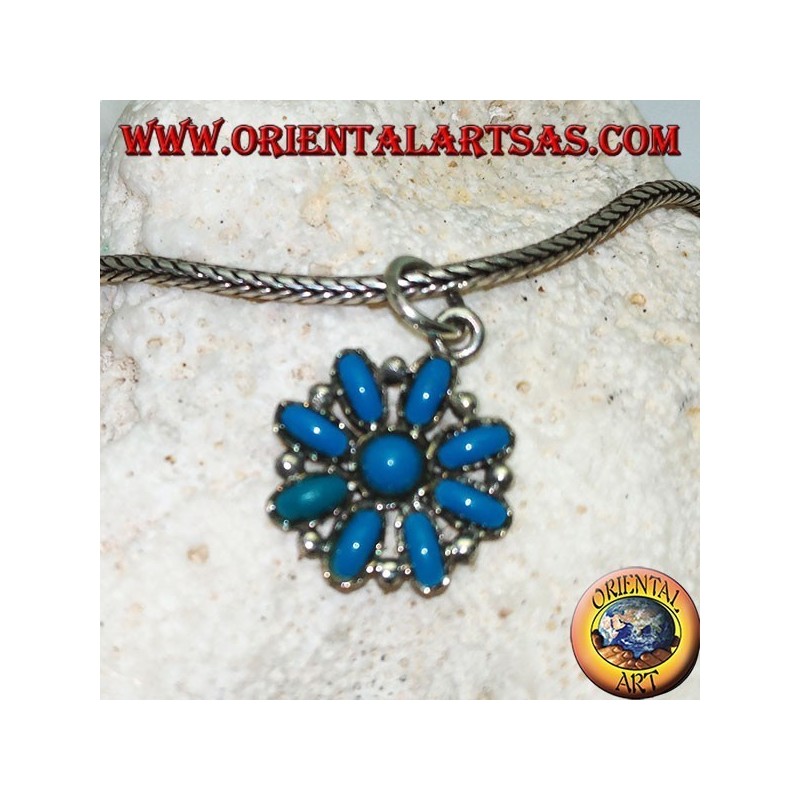 Pendentif fleur octogonal en argent avec turquoise ovale et rond au centre