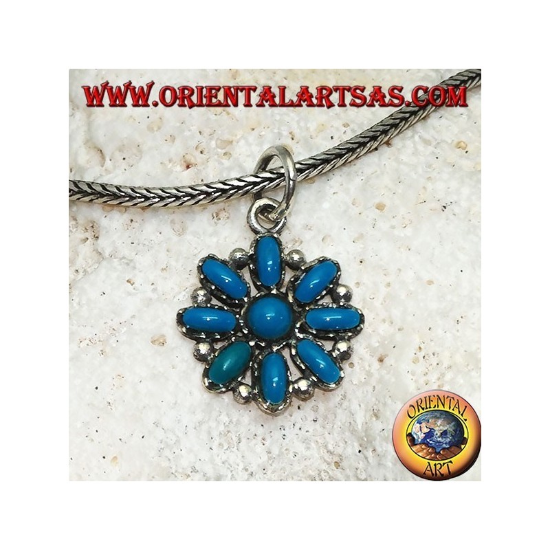 Pendentif fleur octogonal en argent avec turquoise ovale et rond au centre