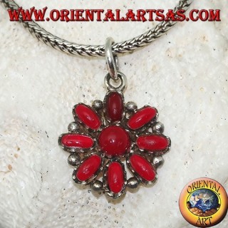 Silver pendant with an octagonal flower of oval corals and a round one in the center