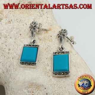 Silver earrings with rectangular turquoise and a row of marcasite stones above and below