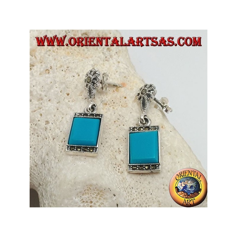 Boucles d'oreilles en argent avec turquoise rectangulaire et une rangée de pierres de marcassite au-dessus et en dessous