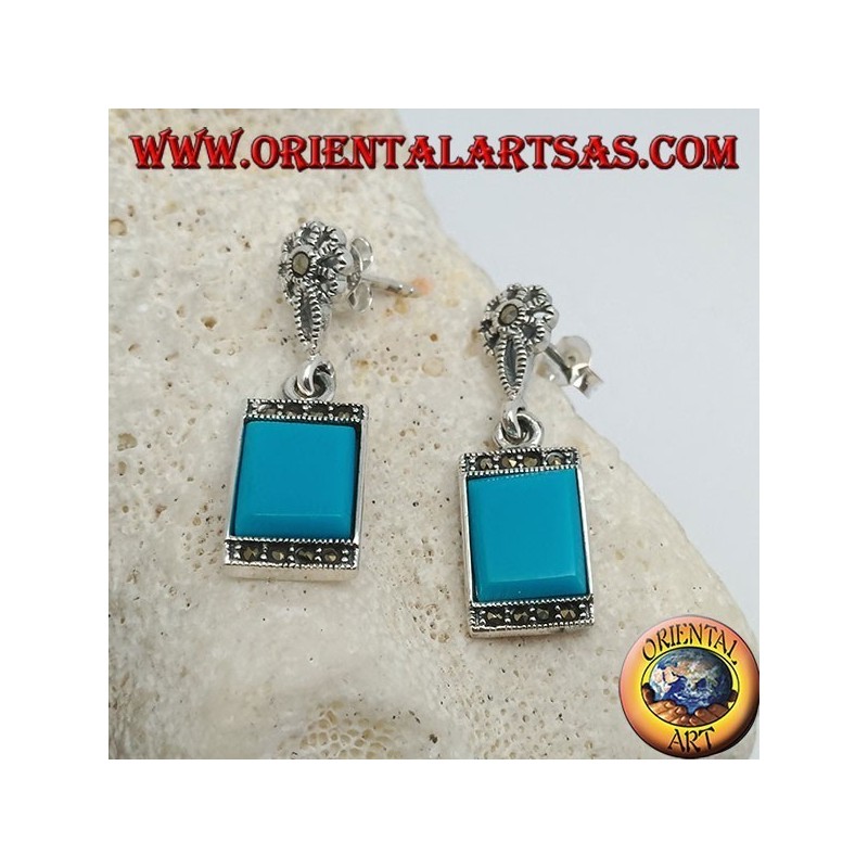 Silver earrings with rectangular turquoise and a row of marcasite stones above and below
