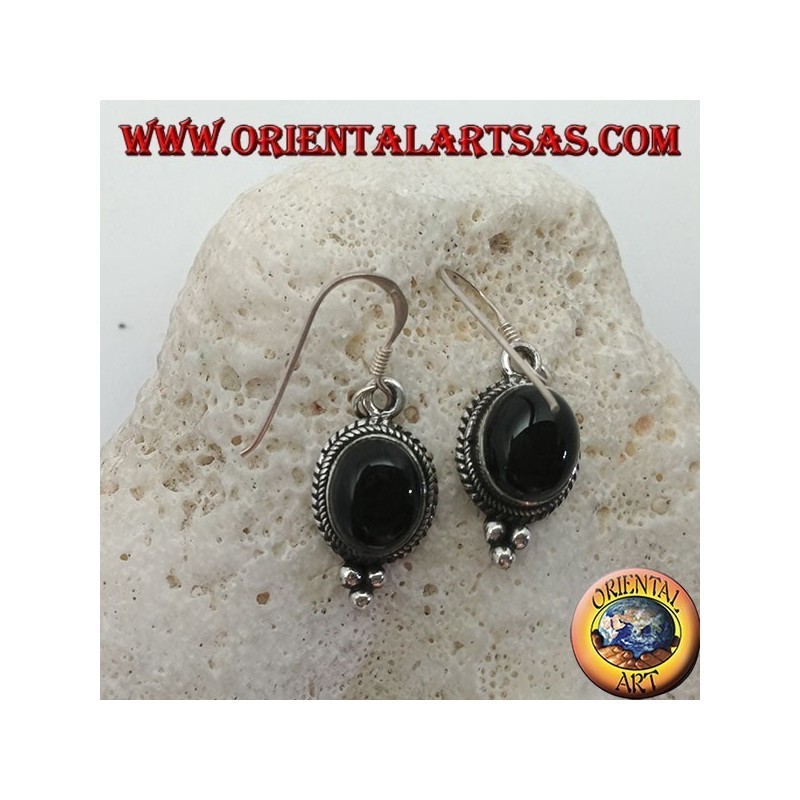 Silver pendant earrings with oval onyx cabochon surrounded by intertwining and three balls below