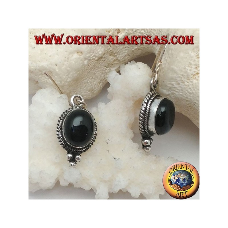 Silver pendant earrings with oval onyx cabochon surrounded by intertwining and three balls below