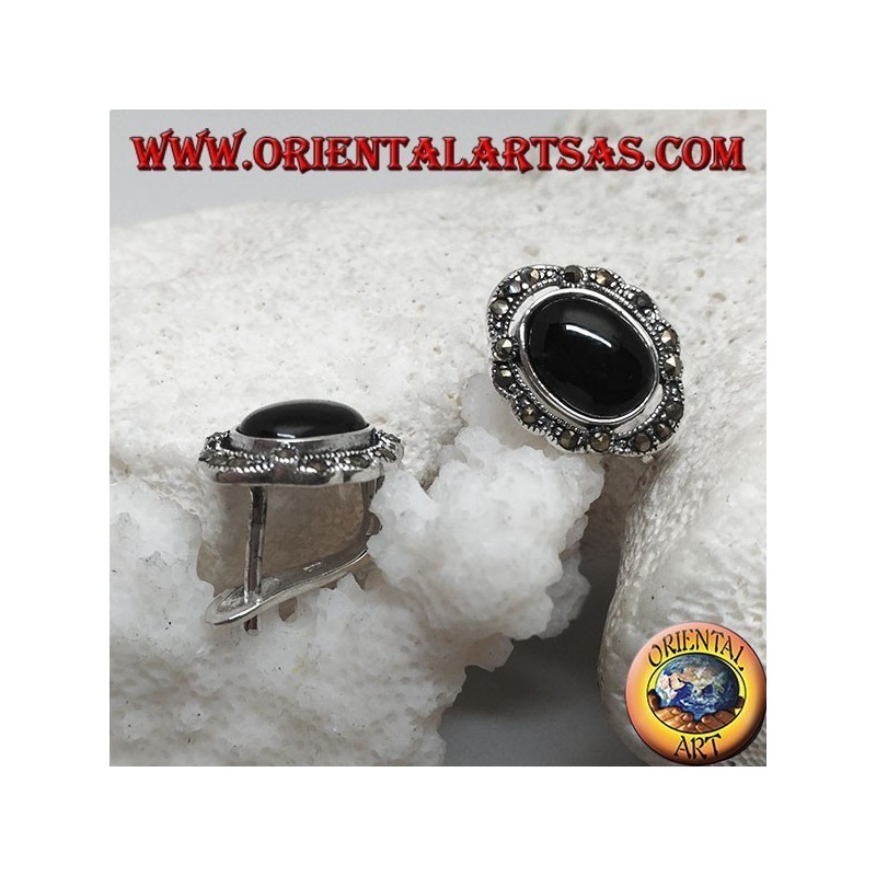Silver lobe earrings with oval onyx surrounded by marcasite and lever closure