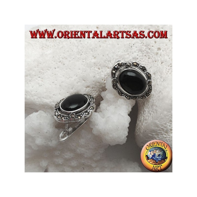Silver lobe earrings with oval onyx surrounded by marcasite and lever closure