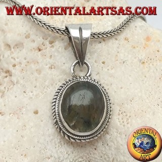 Silver pendant with oval labradorite surrounded by intertwining