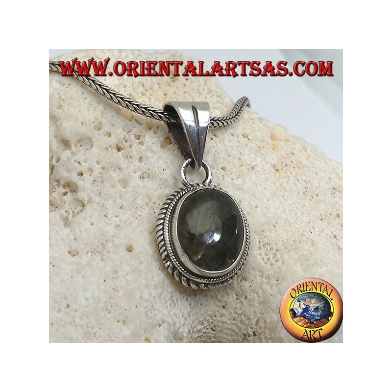 Silver pendant with oval labradorite surrounded by intertwining